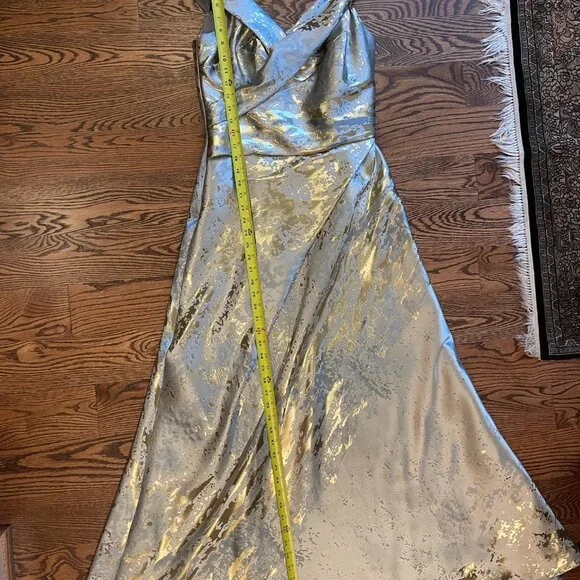 Rene Ruiz Off-the-Shoulder Brocade Gown in Light Blue and Gold Size 6